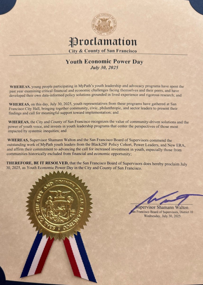 MyPath (@mypathus) on Twitter photo 📢 It’s official: The City of San Francisco has proclaimed July 30, 2025, as Youth Economic Power Day! 🙌
Huge thanks to <a href="/sfbos/">Board of Supervisors</a> for honoring the bold work of our youth leaders from Black2SF, Power Leaders, & New ERA.
The future is youth-powered. 💥
#YouthEconomicPowerDay 📢 It’s official: The City of San Francisco has proclaimed July 30, 2025, as Youth Economic Power Day! 🙌
Huge thanks to <a href="/sfbos/">Board of Supervisors</a> for honoring the bold work of our youth leaders from Black2SF, Power Leaders, & New ERA.
The future is youth-powered. 💥
#YouthEconomicPowerDay