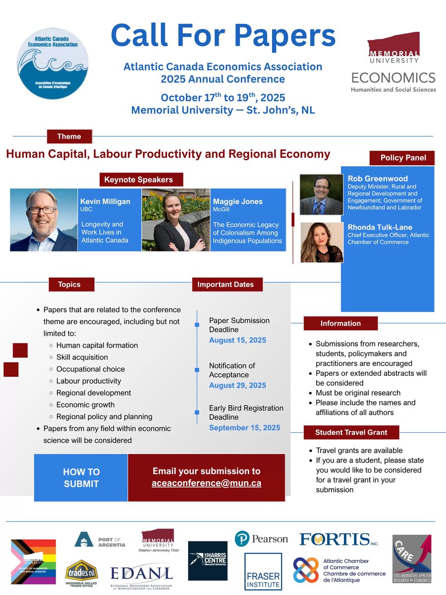 Atlantic Canada Economics Association 2025 conference <a href="/MemorialU/">Memorial University</a> in Oct. Call for papers OPEN - send paper/extended abstract to aceaconference@mun.ca by Aug 15 #NLecon #NBecon #NSecon #PEIecon #NLpoli #NBpoli #NSpoli #PEIpoli
See: mun.ca/economics/rese…
economics.acadiau.ca/conferences.ht…
