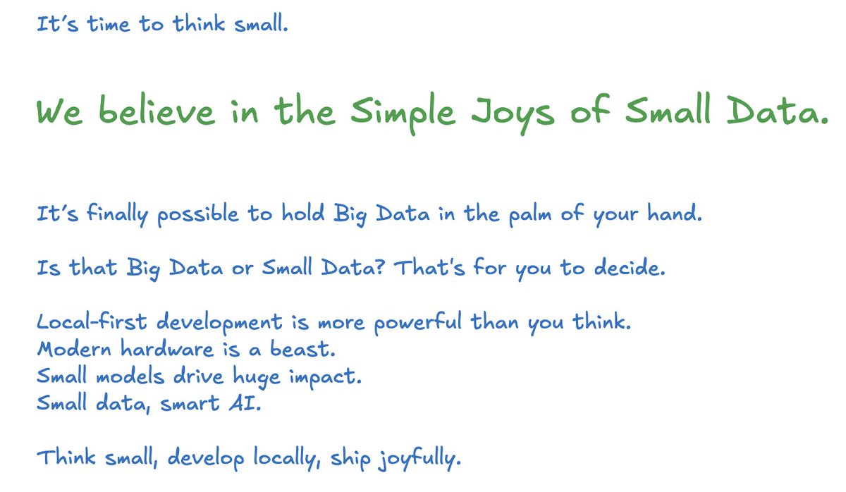 Elizabeth Garrett Christensen (@sqlliz) on Twitter photo I've been working on my DuckDB talk for <a href="/kc_dc/">Kansas City Developer Conference</a> and I am just in love with the small data manifesto. First of all, its beautiful. Second of all, it talks about joy and we're not talking about joy nearly enough ..... I've been working on my DuckDB talk for <a href="/kc_dc/">Kansas City Developer Conference</a> and I am just in love with the small data manifesto. First of all, its beautiful. Second of all, it talks about joy and we're not talking about joy nearly enough .....