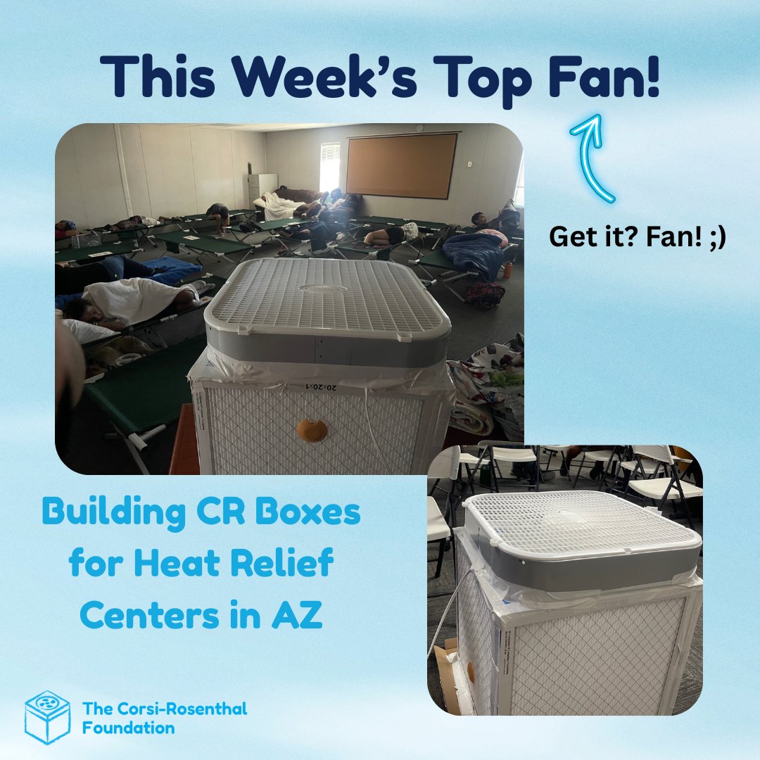 Corsi-Rosenthal Foundation US (@crfoundationus) on Twitter photo This week's Top Fan is our friends at <a href="/AirSupportBox/">Air Support Project</a>. Their VP, Melissa Smallwood, built CR boxes to be placed in heat relief centers around Phoenix, AZ.
These cooling & respite centers ease one public health crisis. Happy to minimize the impacts of other crises. This week's Top Fan is our friends at <a href="/AirSupportBox/">Air Support Project</a>. Their VP, Melissa Smallwood, built CR boxes to be placed in heat relief centers around Phoenix, AZ.
These cooling & respite centers ease one public health crisis. Happy to minimize the impacts of other crises.