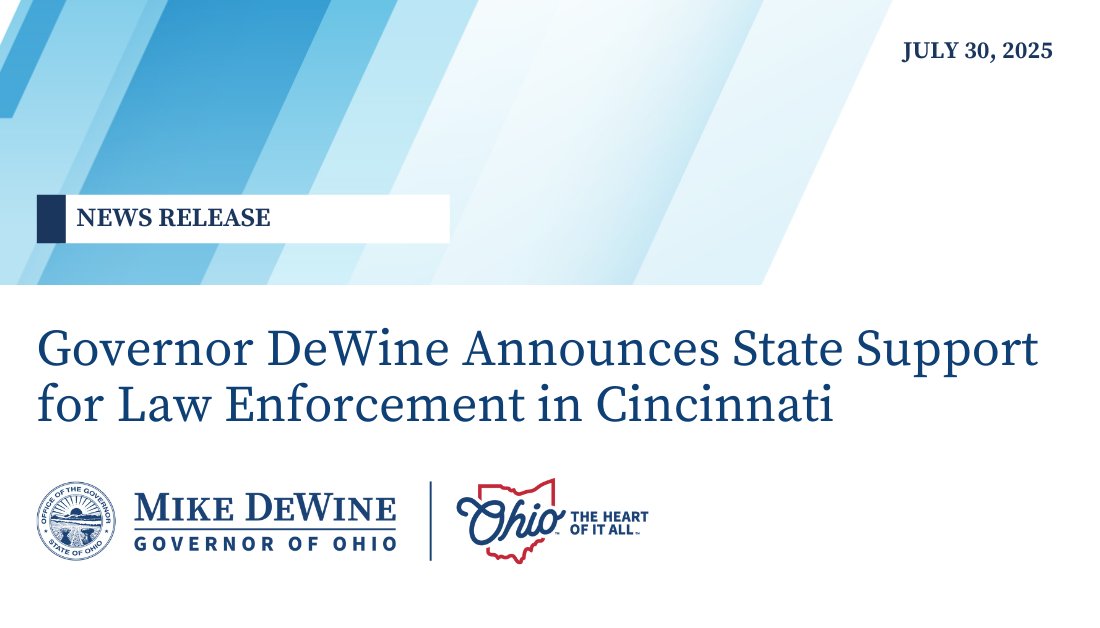 Governor Mike DeWine (@govmikedewine) on Twitter photo In partnership with Cincinnati Mayor Aftab Pureval and Cincinnati Police Chief Teresa Theetge, I've directed <a href="/OSHP/">Ohio State Highway Patrol</a> to provide additional manpower to support the Cincinnati Police Department.
Details: bit.ly/4oe2gmD In partnership with Cincinnati Mayor Aftab Pureval and Cincinnati Police Chief Teresa Theetge, I've directed <a href="/OSHP/">Ohio State Highway Patrol</a> to provide additional manpower to support the Cincinnati Police Department.
Details: bit.ly/4oe2gmD