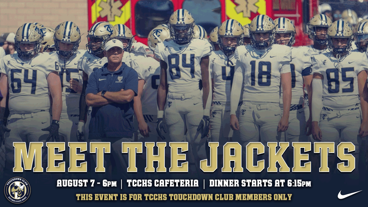 Attn Touchdown Club Members! Meet the 2025 Yellow Jackets next Thu, Aug 7 🗓️ 6 PM in the TCCHS Cafeteria (dinner 6:15). Wear navy &amp; gold, meet the team and coaches, and help fire up the hive!

#TheCounty #TogetherWeSwarm #W1NTHEDAY #W1T