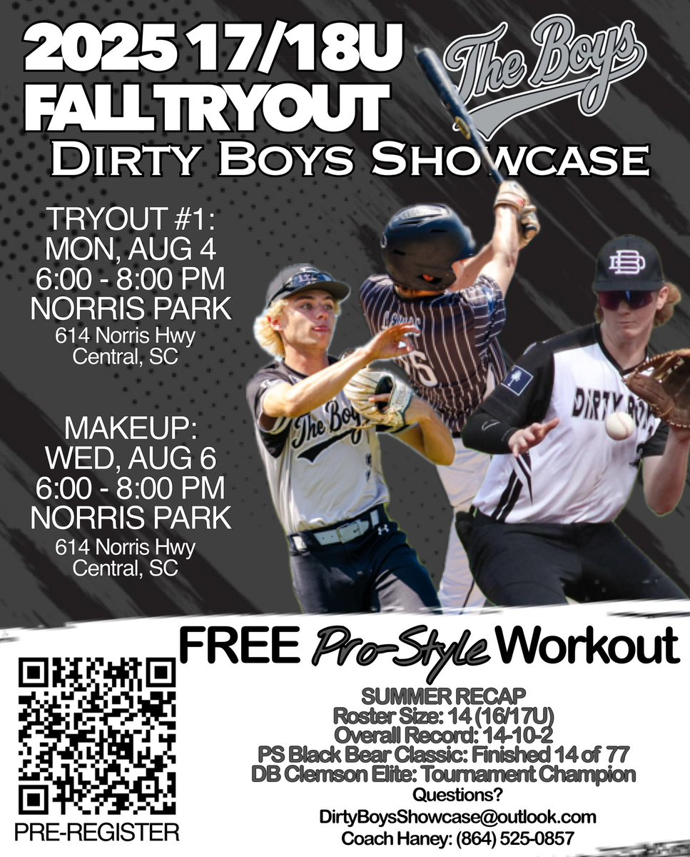 Dirty Boys Showcase Baseball (@dirty_boys_show) on Twitter photo We are excited to announce our 2025 Fall 17/18U <a href="/Dirty_Boys_Show/">Dirty Boys Showcase Baseball</a> tryouts! August 4th & 6th are the official tryout dates for 2025 Fall 17/18U Dirty Boys Showcase Baseball. There is no cost for trying out, but players are encouraged to pre-register. #DirtyBoysShowcase #TheBoys We are excited to announce our 2025 Fall 17/18U <a href="/Dirty_Boys_Show/">Dirty Boys Showcase Baseball</a> tryouts! August 4th & 6th are the official tryout dates for 2025 Fall 17/18U Dirty Boys Showcase Baseball. There is no cost for trying out, but players are encouraged to pre-register. #DirtyBoysShowcase #TheBoys