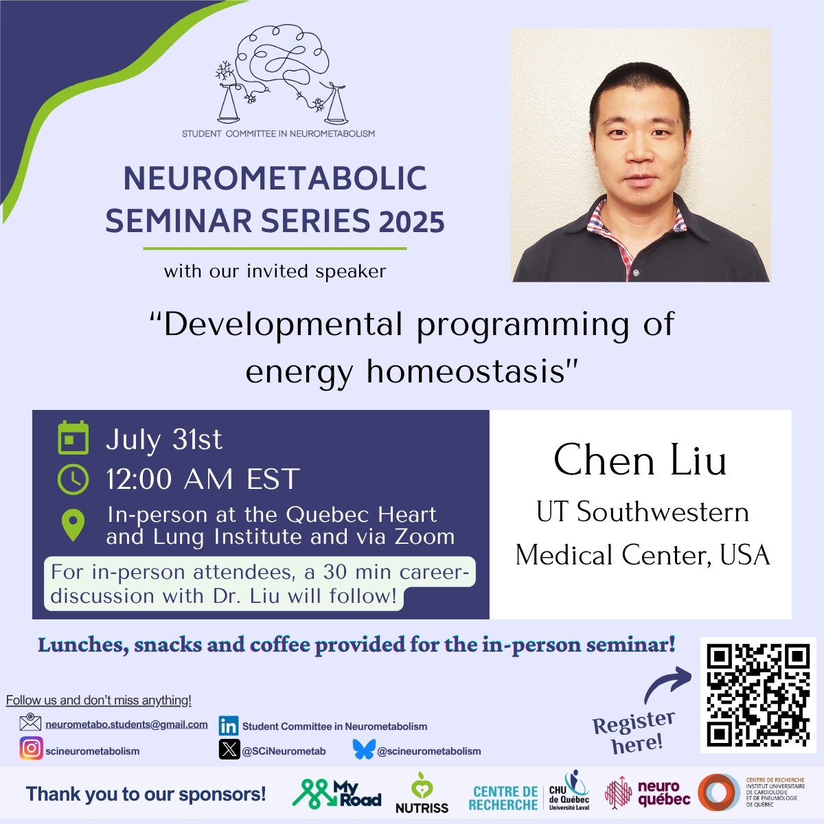 SCiNeurometab's tweet image. ✨This Thursday, to close this Neurometabolic Seminar Series season 2025 in style, we’re thrilled to welcome @ChenLiuLab from UT Southwestern!
Dr. Liu will share recent findings from his lab on the developmental origins of obesity!🧑🏫
Register here: forms.gle/ZzKRKo8Tiayej4…