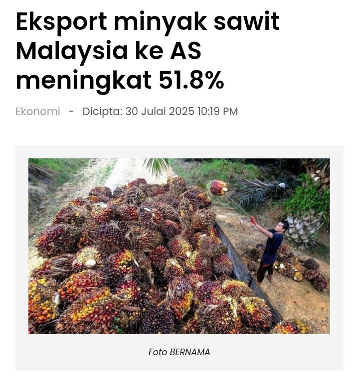 mpob_tweets (@mpob_tweets) on Twitter photo Eksport minyak sawit Malaysia ke 🇺🇸 meningkat sebanyak 51.8% kepada 93,000 tan metrik bagi tempoh Januari hingga Mei 2025 berbanding 61,000 tan metrik dalam tempoh yang sama tahun lalu - <a href="/MyKomoditi/">Kementerian Perladangan dan Komoditi (KPK)</a>
#MADANIBekerja
#RancakkanMADANI
berita.rtm.gov.my/ekonomi/senara… Eksport minyak sawit Malaysia ke 🇺🇸 meningkat sebanyak 51.8% kepada 93,000 tan metrik bagi tempoh Januari hingga Mei 2025 berbanding 61,000 tan metrik dalam tempoh yang sama tahun lalu - <a href="/MyKomoditi/">Kementerian Perladangan dan Komoditi (KPK)</a>
#MADANIBekerja
#RancakkanMADANI
berita.rtm.gov.my/ekonomi/senara…