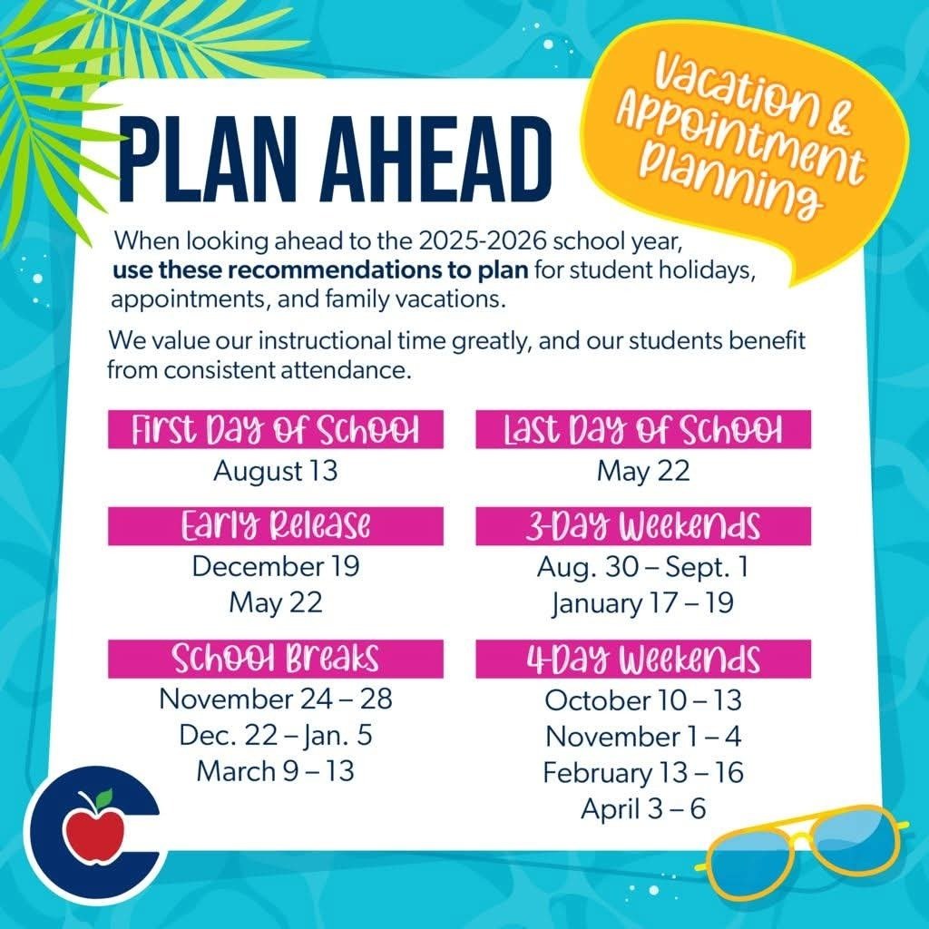 As your family prepares for Back to School, remember Consistent Attendance Matters. See the dates of Conroe ISD's breaks for the 2025-2026 school year, so you can plan ahead. For a printable copy of the full schedule, visit http://tiny.conroeisd.nrt/amAqD.