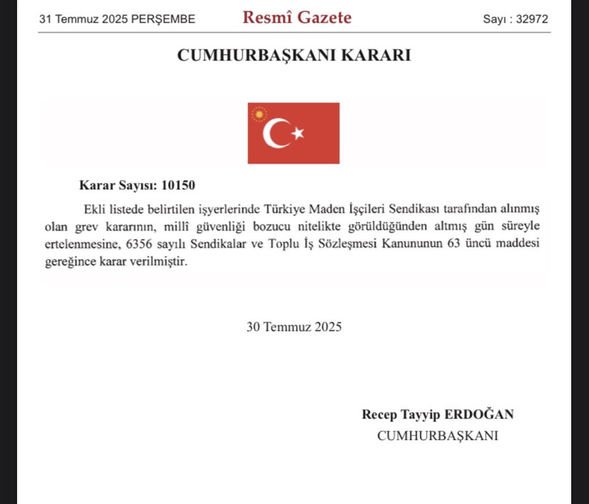 Bugün Erdoğan, maden işçilerinin grevini “milli güvenlik” bahanesiyle 60 gün erteledi. Bu bir hak gaspıdır. Anayasa’nın tanıdığı grev hakkı, sarayın keyfi kararlarıyla askıya alındı.

“Milli güvenlik” söylemi artık işçilerin değil, patronların kalkanı haline geldi. Milyarlarca