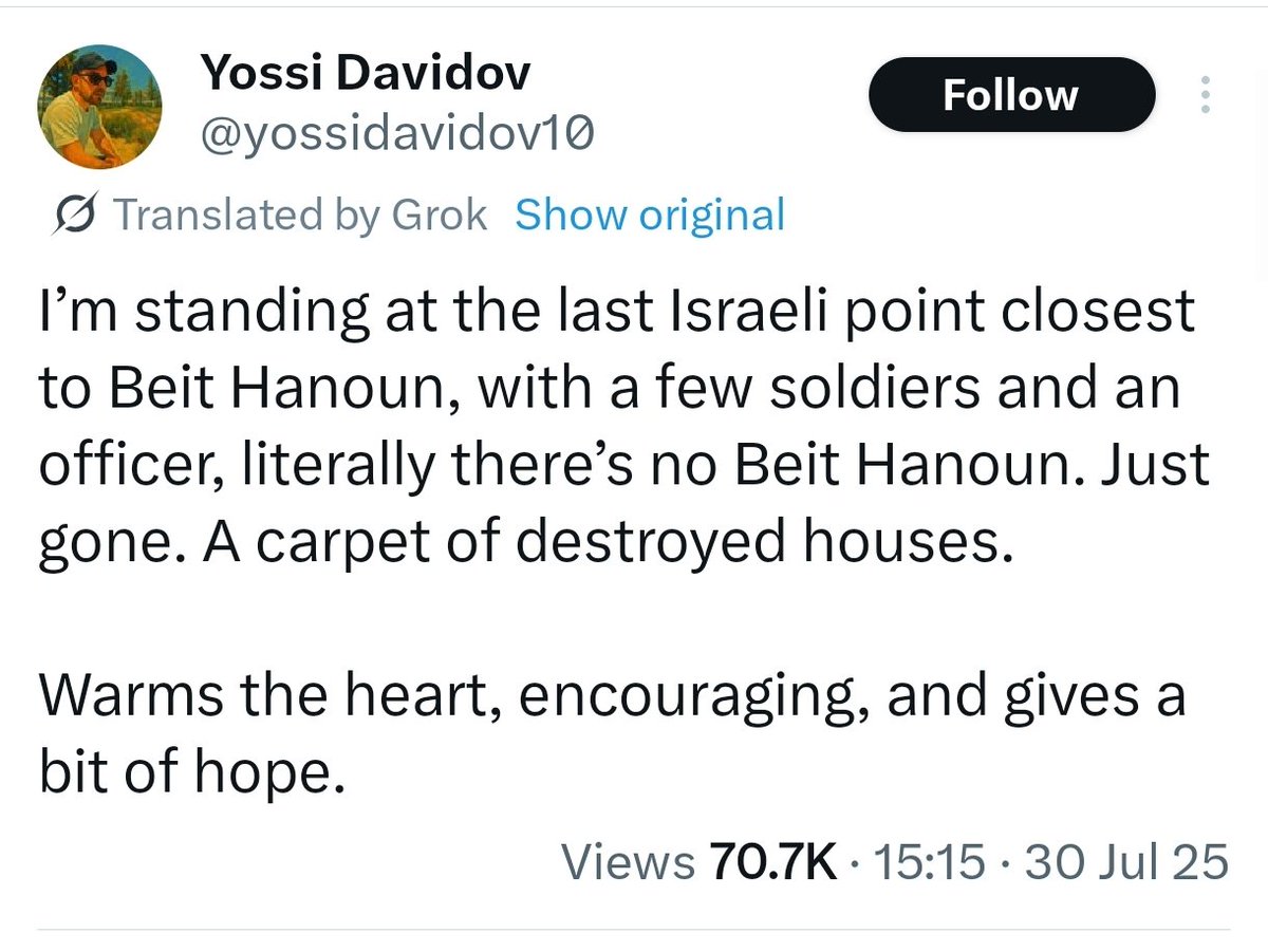ireallyhateyou's tweet image. Israeli radio host Yossi Davidov (Galey Israel): &quot;There&apos;s literally no Beit Hanoun. All gone. A carpet of destroyed houses.
Warms the heart, encouraging, and gives a bit of hope.&quot;