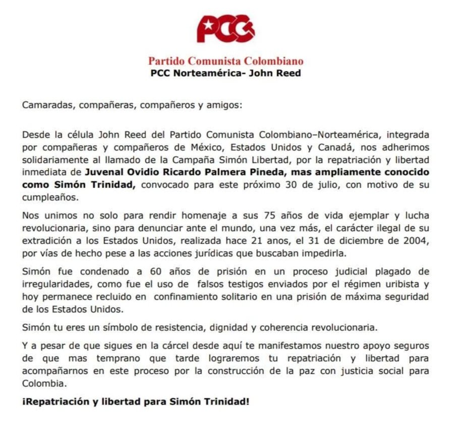 Simontrinidadcs's tweet photo. "Es un acto de injusticia que continúe preso. Organizaciones de distintos países, piden que sea trasladado a Colombia para reintegrarse con todo el brío que lo caracteriza, a la lucha del pueblo por una nueva Colombia”.
#SimonLibertad
#freedomforsimon
#fresimontrinidad https://t.co/is9VpmLtFQ