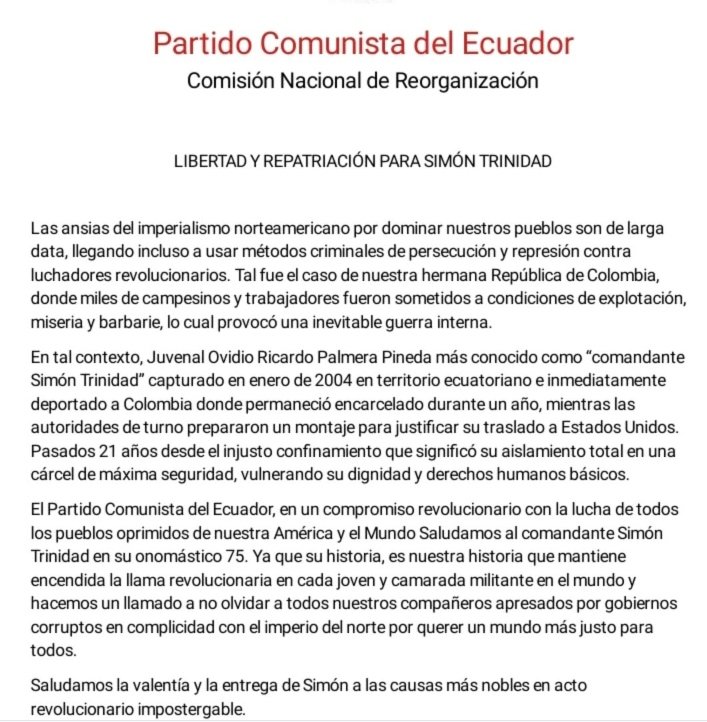 Simontrinidadcs's tweet photo. "Es un acto de injusticia que continúe preso. Organizaciones de distintos países, piden que sea trasladado a Colombia para reintegrarse con todo el brío que lo caracteriza, a la lucha del pueblo por una nueva Colombia”.
#SimonLibertad
#freedomforsimon
#fresimontrinidad https://t.co/is9VpmLtFQ