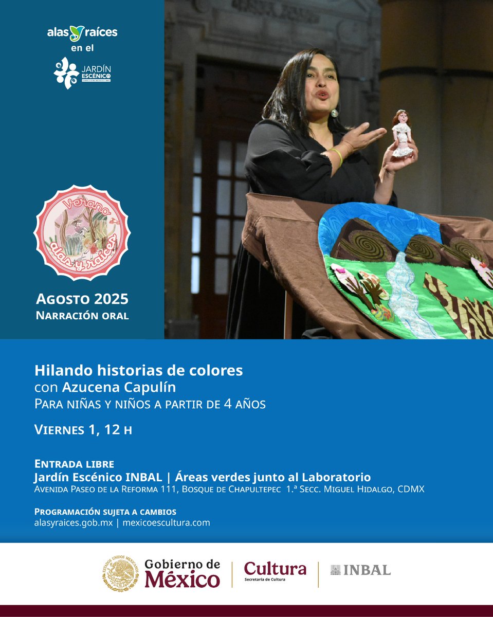🌿✨ ¡Este viernes 1 de agosto el #JardínEscénico se llena de arte! 🎨🌟
🎭 Hilando historias de colores – 12 h
💫 Charivari – 13 h
#EntradaLibre 🙌
Ven con tu familia y disfruta con #AlasYRaíces.
#ActividadesCulturales #Verano2025