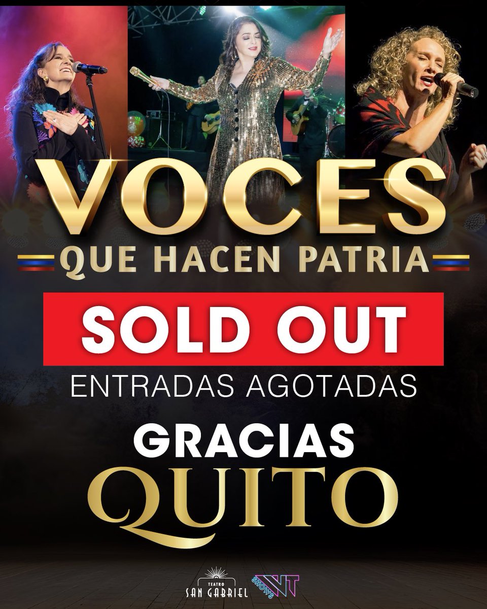 Sold Out 🔥 Entradas Agotadas 🎟️ Gracias Quito, Gracias Ecuador 🇪🇨 Debido a la gran acogida y a pedido de todo el público anunciaremos una 2da fecha en estos días. Paty, Margarita y yo estaremos con grandes sorpresas en el escenario 💛💙❤️ #VocesQueHacenPatria #soldout #agotado