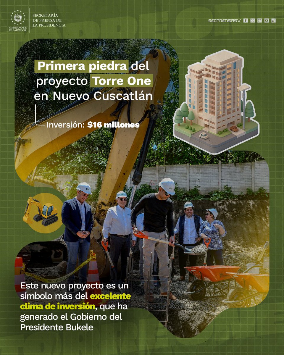 Secretaría de Prensa de la Presidencia (@secprensasv) on Twitter photo #TorreOne | El Gobierno del Presidente <a href="/nayibbukele/">Nayib Bukele</a> impulsa el desarrollo sostenible del sector de la construcción al respaldar iniciativas que fortalecen la inversión y el crecimiento económico. En este marco, se llevó a cabo la colocación simbólica de la primera piedra de Torre #TorreOne | El Gobierno del Presidente <a href="/nayibbukele/">Nayib Bukele</a> impulsa el desarrollo sostenible del sector de la construcción al respaldar iniciativas que fortalecen la inversión y el crecimiento económico. En este marco, se llevó a cabo la colocación simbólica de la primera piedra de Torre