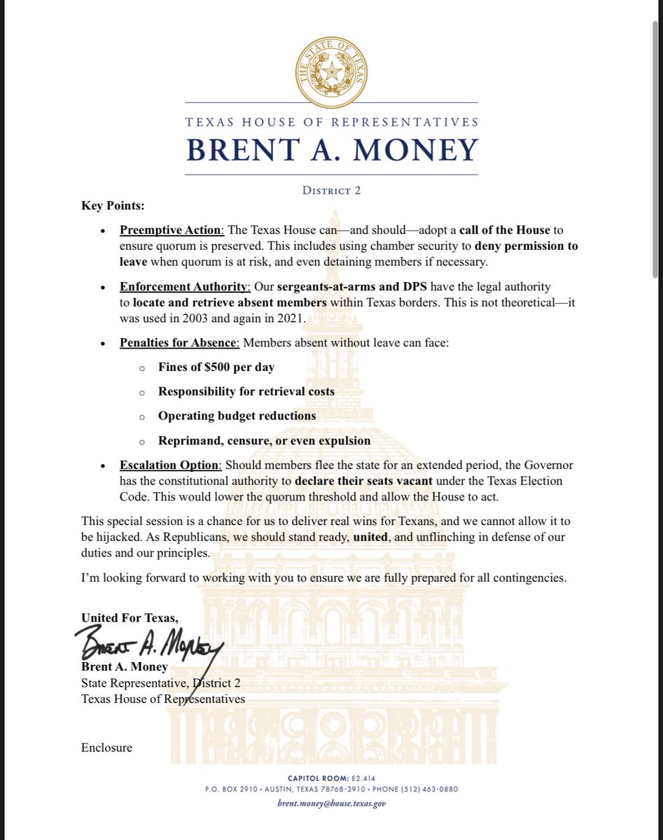 Brad Johnson (@bradj_tx) on Twitter photo .<a href="/brentmoney/">Brent Money</a> sent this letter to Republican members with an attached legal memo from <a href="/TweetTonyMac/">Tony McDonald</a> detailing penalties for breaking quorum: documentcloud.org/documents/2603…
#txlege .<a href="/brentmoney/">Brent Money</a> sent this letter to Republican members with an attached legal memo from <a href="/TweetTonyMac/">Tony McDonald</a> detailing penalties for breaking quorum: documentcloud.org/documents/2603…
#txlege
