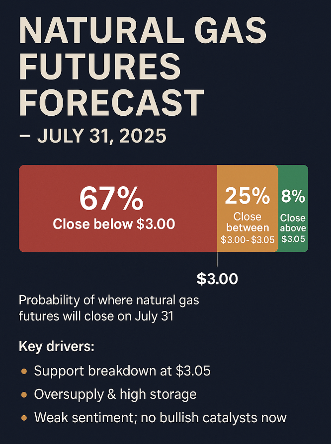 unlimitify's tweet photo. Unlimitify NG Index Forecast – July 31, 2025 #natgas #BOIL # KOLD #UNG

Probability Breakdown:
➡️ 67% chance NG closes below $3.00
➡️ 25% chance closes in $3.00–$3.05 range
➡️ 8% chance regains above $3.05

Key Drivers:
• Support breakdown at $3.05
• Oversupply & high storage
• Weak sentiment; no bullish catalysts now

➡️ Bias: Strong Bearish Tilt. 

The market likely remains range-bound below $3 unless a surprise event unfolds.