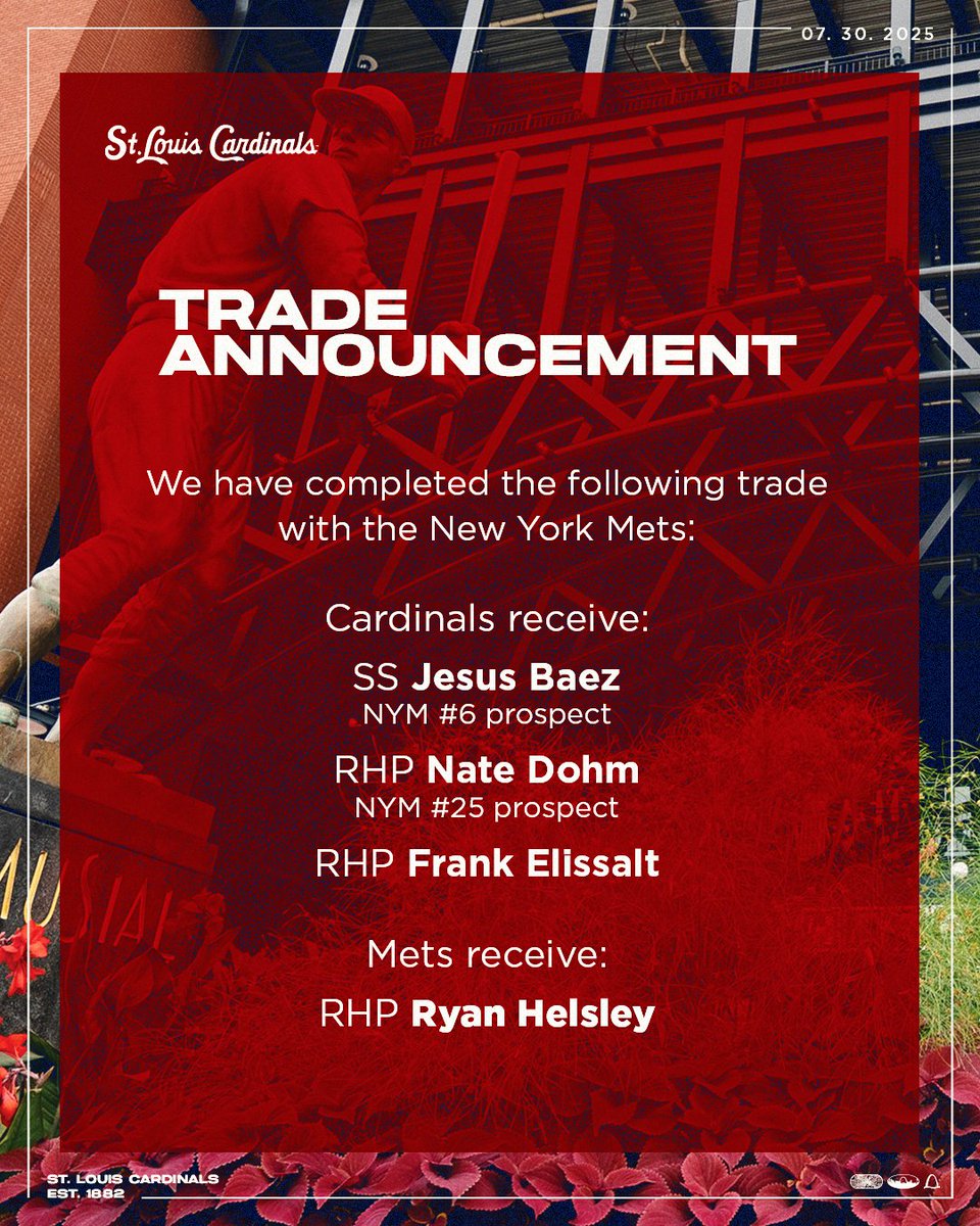 We have acquired SS Jesus Baez, RHP Nate Dohm, and RHP Frank Elissalt from the New York Mets in exchange for RHP Ryan Helsley.