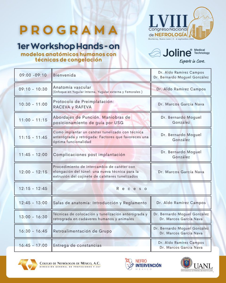 1er Workshop Hands-on con modelos anatómicos humanos patrocinado por JOLINE. Se llevará a cabo el 3 de septiembre en Monterrey, durante el LVIII Congreso Nacional de Nefrología 🩺🇲🇽
Aquí puede encontrar la liga para realizar su registro:  app.acceda.mx/nefrologia/reg… Cupo limitado