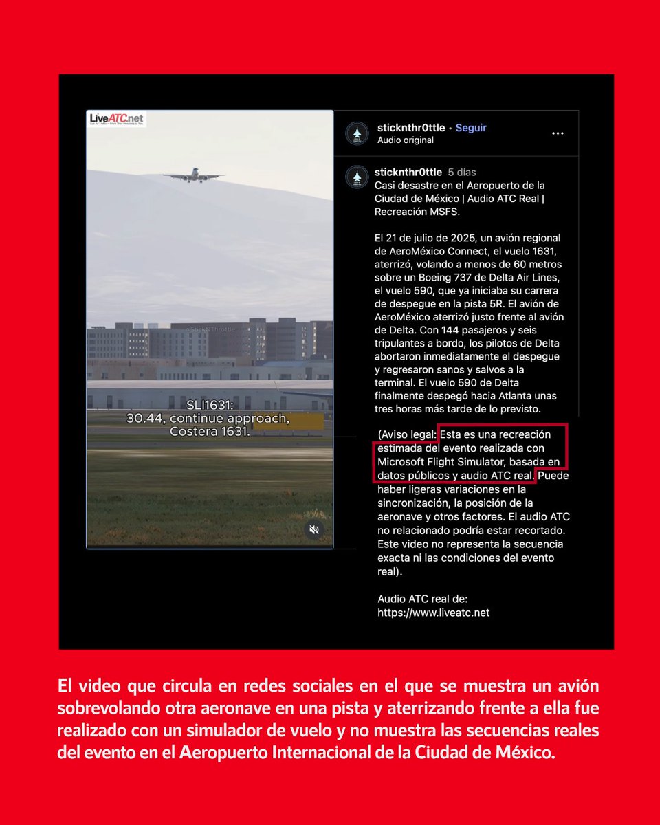 InfodemiaMx (@infodemiamex) on Twitter photo ❌Falso video que muestra un incidente aéreo en el <a href="/AICM_mx/">Aeropuerto Internacional Benito Juárez CDMX</a> el 21 julio de 2025
✅El video que circula en redes sociales en el que se muestra un avión sobrevolando otra aeronave en una pista y aterrizando frente a ella fue realizado con un simulador de vuelo y no muestra las ❌Falso video que muestra un incidente aéreo en el <a href="/AICM_mx/">Aeropuerto Internacional Benito Juárez CDMX</a> el 21 julio de 2025
✅El video que circula en redes sociales en el que se muestra un avión sobrevolando otra aeronave en una pista y aterrizando frente a ella fue realizado con un simulador de vuelo y no muestra las