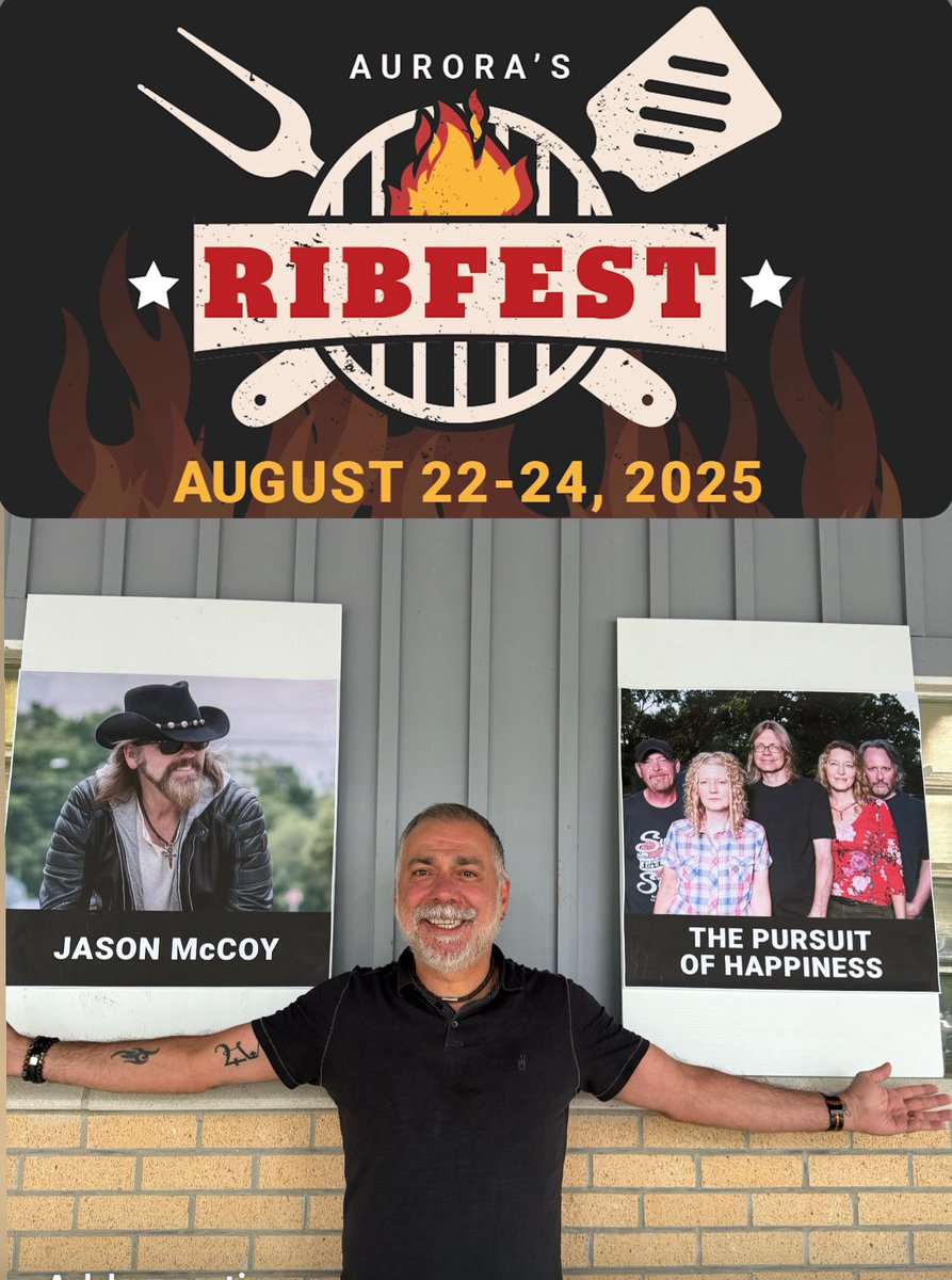 Here are your RibFest Headliners Aurora!!! 

Friday August 22 - Jason McCoy (From the Road Hammers)
Saturday August 23 - The Pursuit of Happiness 

I am looking forward to seeing everyone at RibFest this year as we rock Machell Park and Aurora!!!