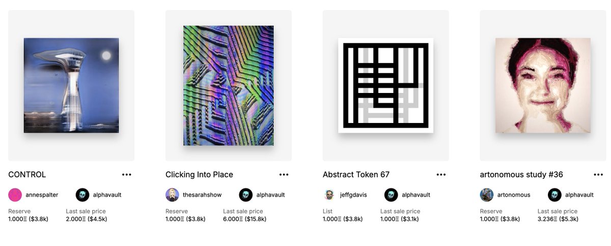 1 ETH reserve auctions now set on <a href="/SuperRare/">SuperRare</a> for...

Clicking Into Place by <a href="/thesarahshow/">Sarah Zucker</a> 

CONTROL by <a href="/annespalter/">Anne Spalter</a> 

artonomous study #36 by <a href="/VanArman/">Pindar Van Arman 💎</a> 

Links below! Once the reserve is hit it will kick off a 24 hour auction. GLHF!