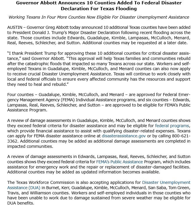 Governor Abbott Press Office (@govabbottpress) on Twitter photo Governor <a href="/GregAbbott_TX/">Greg Abbott</a> announced 10 more counties were added to President Trump’s federal disaster declaration:
Edwards, Guadalupe, Kimble, Lampasas, McCulloch, Menard, Real, Reeves, Schleicher, and Sutton.
Texas will continue to rebuild.
More: bit.ly/4ofGAGy Governor <a href="/GregAbbott_TX/">Greg Abbott</a> announced 10 more counties were added to President Trump’s federal disaster declaration:
Edwards, Guadalupe, Kimble, Lampasas, McCulloch, Menard, Real, Reeves, Schleicher, and Sutton.
Texas will continue to rebuild.
More: bit.ly/4ofGAGy