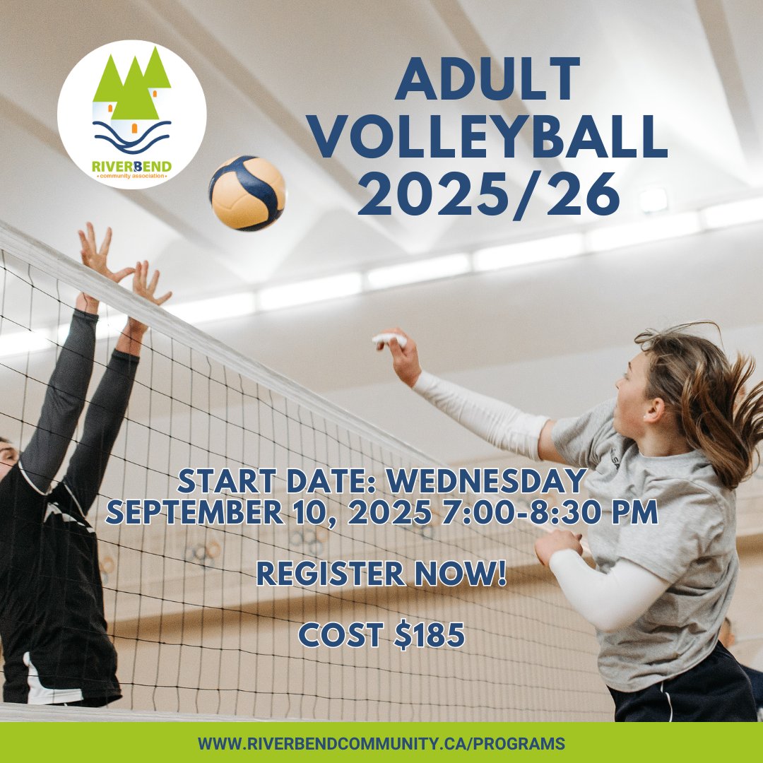 Register now for our 2025/26 Adult Volleyball League! Cost is $185. You must purchase RCA membership to join. Season starts Sept 10, 2025! 
#riverbendyyc #RiverbendVolleyball #AdultSportsYYC #YYCVolleyball
riverbendcommunity.ca/programs/adult…