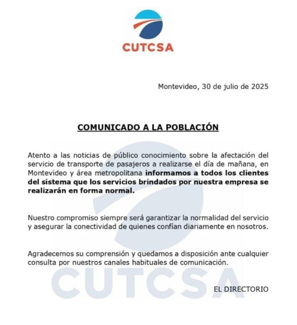 Unott confirmó el paro general del transporte de este jueves tras fracasar negociación con Copsa en el MTSS.

Cutcsa en tanto informó que brindará servicios con normalidad al igual que Anetra que nuclea al transporte interdepartamental.