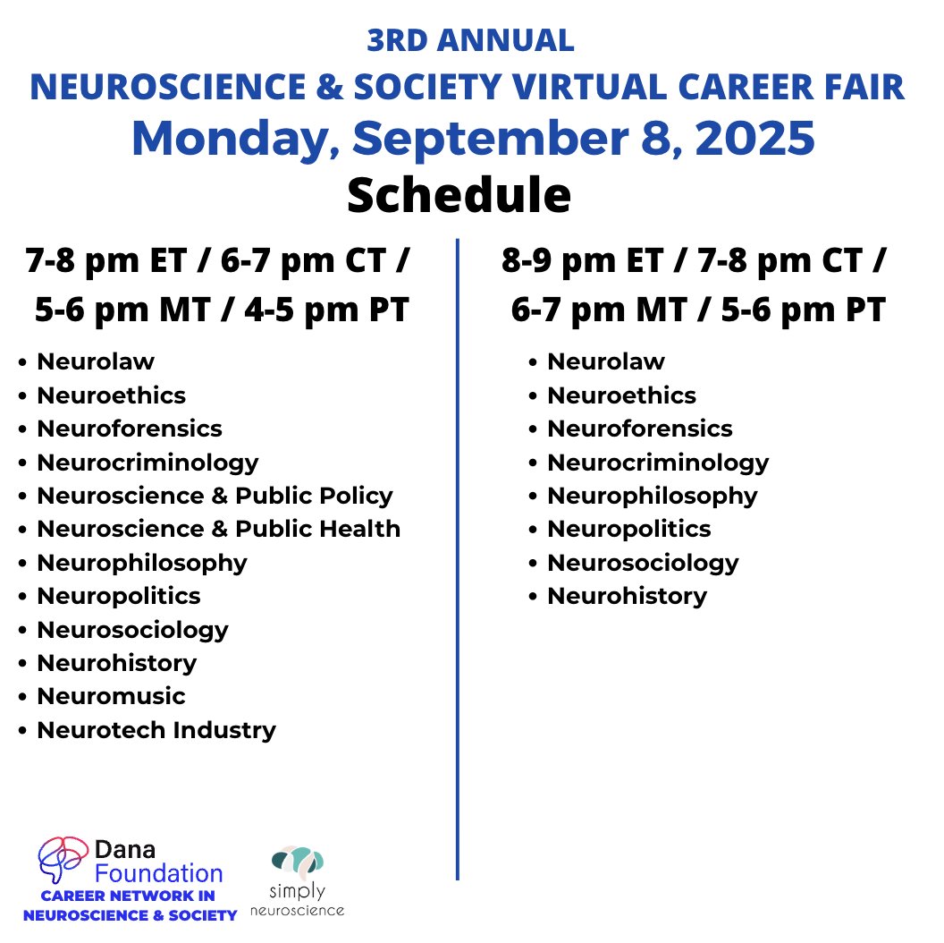 Registration Now Available! 🧠✨

Join us for the third annual Virtual Career Fair in Neuroscience and Society on September 8, 2025! 

Our 2025 Virtual Career Fair covers 20+ disciplines in neuroscience and society. Registration link in bio!