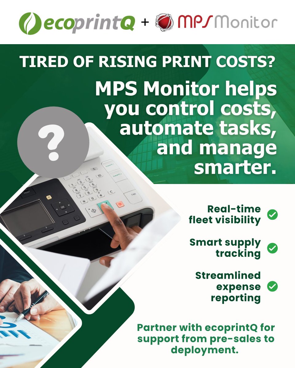 MPS Monitor gives dealers the ability to remotely monitor, analyze and optimize print fleets, including automating supply management, resolving issues proactively with real-time alerts before users submit tickets. 

Explore more here:
ecoprintq.com/channel-team