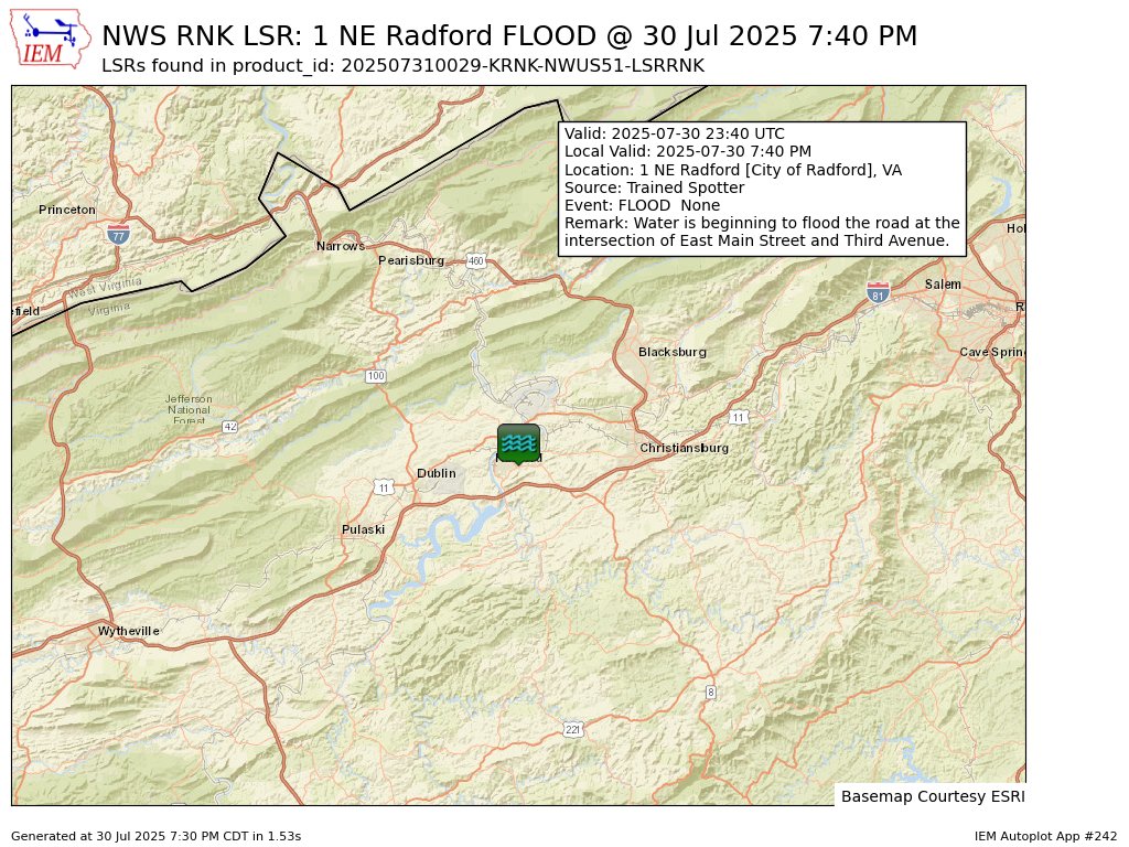 At 7:40 PM EDT, 1 NE Radford [City Of Radford Co, VA] Trained Spotter reports Flood. Water is beginning to flood the road at the intersection of East Main Street and Third Avenue. #vawx mesonet.agron.iastate.edu/lsr/?by=wfo&wf…