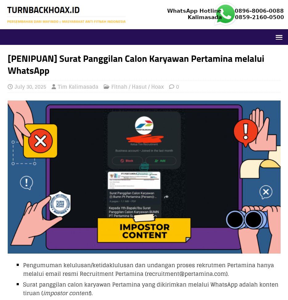 MAFINDO (@turnbackhoax) on Twitter photo ⚠ Surat Panggilan Calon Karyawan Pertamina melalui WhatsApp
✅ • Pengumuman kelulusan/ketidaklulusan dan undangan proses rekrutmen Pertamina hanya melalui email resmi Recruitment Pertamina (recruitment@pertamina.com).
• Surat panggilan calon karyawan Pertamina yang ⚠ Surat Panggilan Calon Karyawan Pertamina melalui WhatsApp
✅ • Pengumuman kelulusan/ketidaklulusan dan undangan proses rekrutmen Pertamina hanya melalui email resmi Recruitment Pertamina (recruitment@pertamina.com).
• Surat panggilan calon karyawan Pertamina yang