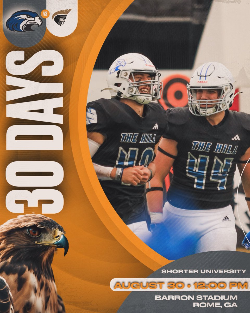 30 Days Away! 

The Shorter Football Season is a month away! 

20th Anniversary Season here we come! <a href="/SUHawkVision/">HawkVision</a> <a href="/Shorter_FB/">Shorter Hawks Football</a> <a href="/ConfCarolinas/">Conference Carolinas</a>  <a href="/Coach_HJacobs/">CoachHarlen Jacobs</a> <a href="/LaneKnost/">Coach Lane Knost</a> <a href="/TimGlanton/">Coach Tim Glanton</a>