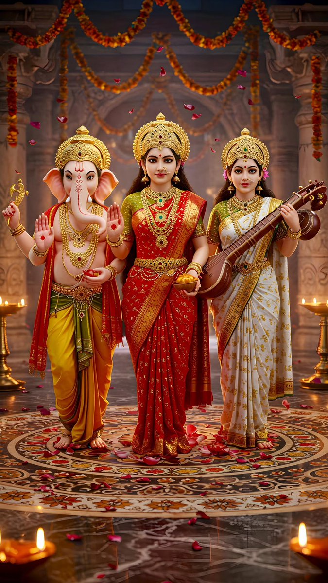 "ज्ञान, संपत्ति और सफलता के त्रिदेव – माँ सरस्वती, माँ लक्ष्मी और श्री गणेश जी की कृपा सदा आप पर बनी रहे। 🙏✨"
