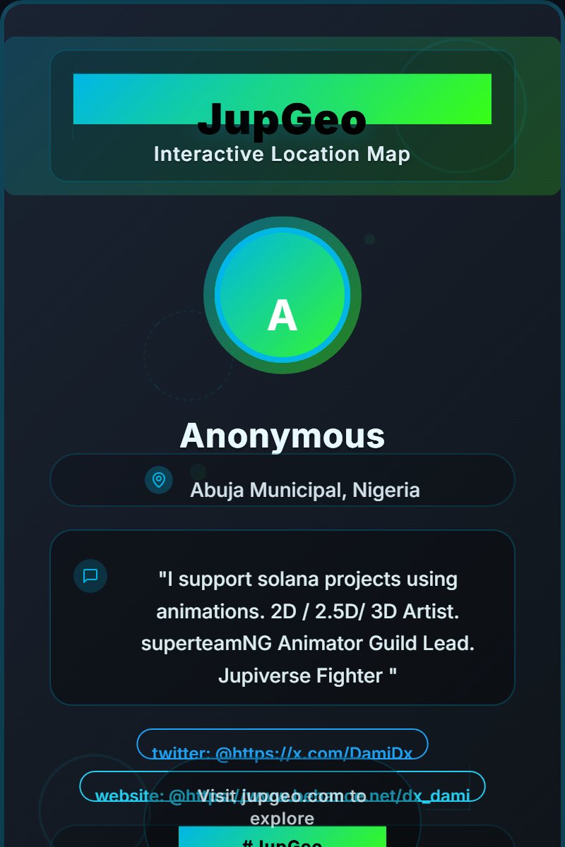DamiDx's tweet image. Check out my profile on JupGeo! 🌍
📍 Abuja, Nigeria
👤 Anonymous
💭 "I support solana projects using animations. 2D / 2.5D/ 3D Artist. superteamNG Animator Guild Lead. Jupiverse Fighter
"
#JupGeo #InteractiveMap #Location