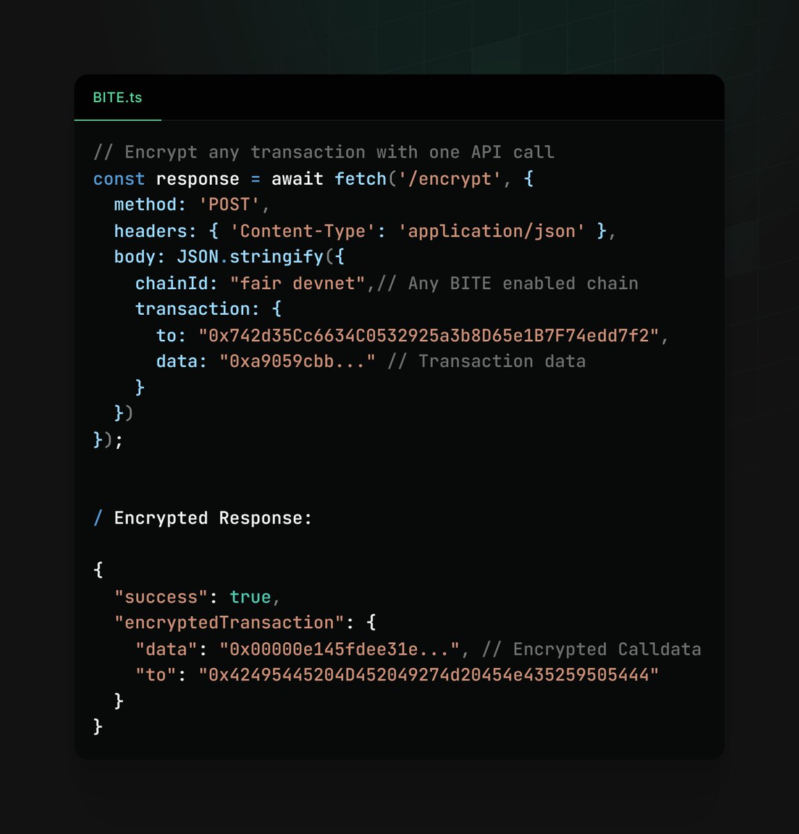 MEV extractors steal billions from DeFi users every year.

I just open-sourced an easy to use API that stops them completely. 

One HTTP request encrypts any transaction. 

Production-ready for web apps, mobile apps, trading bots, enterprise.

github.com/0xRetroDev/bit…

Powered by