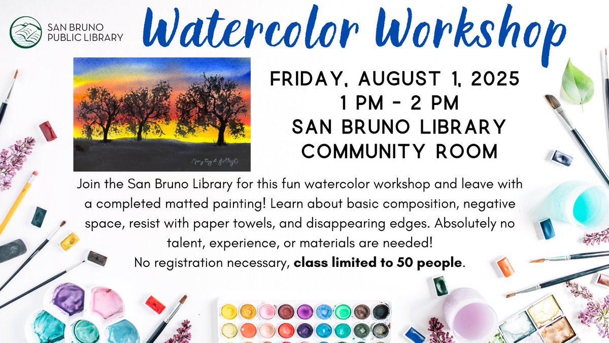 Watercolor Workshop. 8/1/25, 1PM-2PM
@ Library's Community Room

Join the Library for this fun watercolor workshop and leave with a completed matted painting! Absolutely no talent, experience, or materials are needed! No registration necessary, class is limited to 50 people.