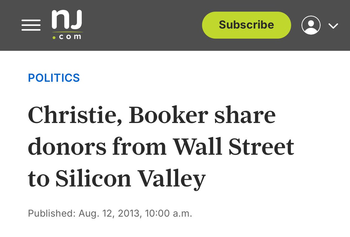 Cory Booker was installed into the Senate by 59 of the same oligarch 1% donors who also supported Republican Gov. Chris Christie