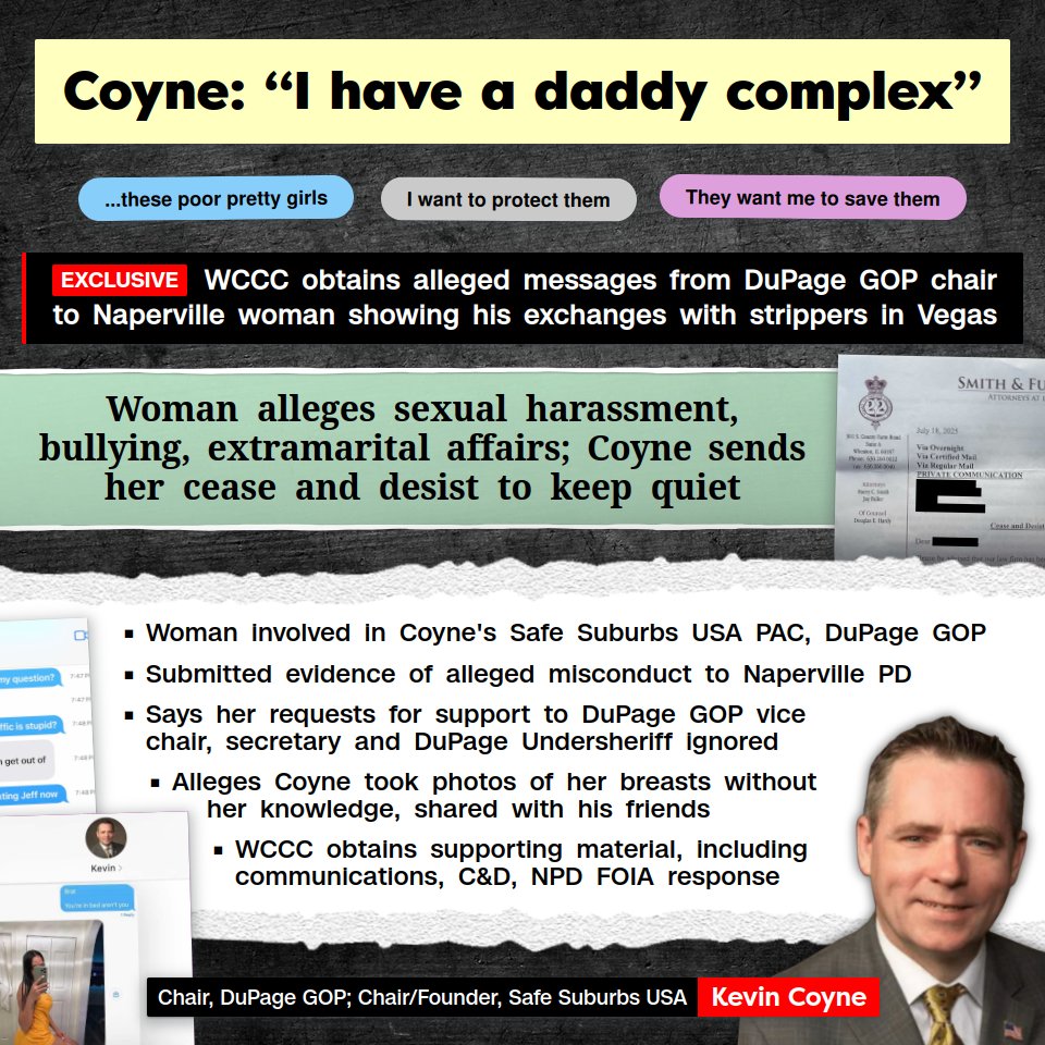 EXCLUSIVE: A Naperville woman says she's the victim of impropriety by <a href="/DuPageCountyGOP/">DuPage GOP</a> chair Kevin Coyne, alleging bullying, sexual harassment and extramarital affairs. WCCC has obtained material corroborating claims, and Coyne sent the woman a cease &amp; desist to keep quiet #twill