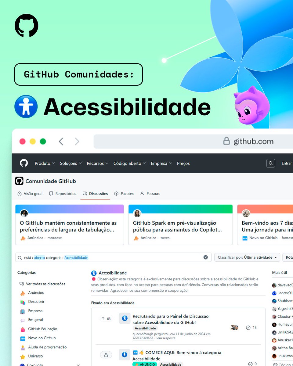 A acessibilidade é a chave para uma comunidade mais inclusiva. 🤝Clique e acesse nossa seção exclusiva de discussões sobre a acessibilidade do GitHub e seus produtos, com foco no acesso para pessoas com deficiência. ♿

github.com/orgs/community…