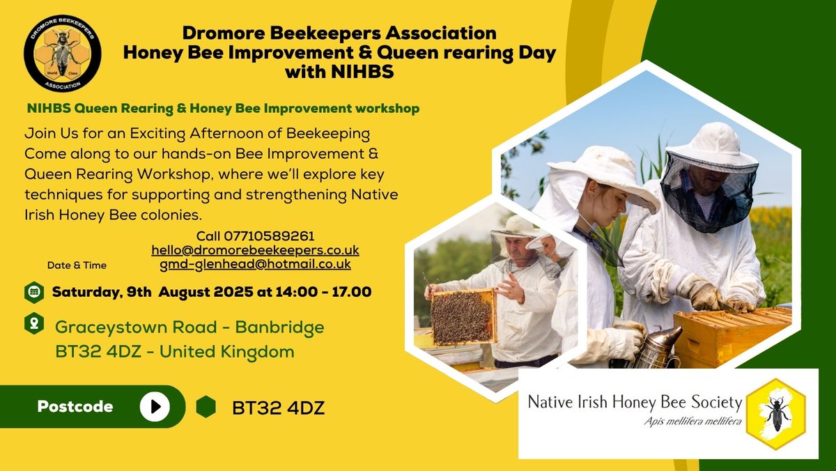 Native Irish Honey Bee Society (@nihbs) on Twitter photo Saturday, 9th  August 2025 at 14:00 - 17.00
Graceystown Road - Banbridge BT32 4DZ - United Kingdom
This will be held at the association's Tullyhenan apiary site on the Graceystown Road, Banbridge, BT32 4DZ, (turn off the A1 dual carriageway opposite Gibson’s Quarry, Saturday, 9th  August 2025 at 14:00 - 17.00
Graceystown Road - Banbridge BT32 4DZ - United Kingdom
This will be held at the association's Tullyhenan apiary site on the Graceystown Road, Banbridge, BT32 4DZ, (turn off the A1 dual carriageway opposite Gibson’s Quarry,
