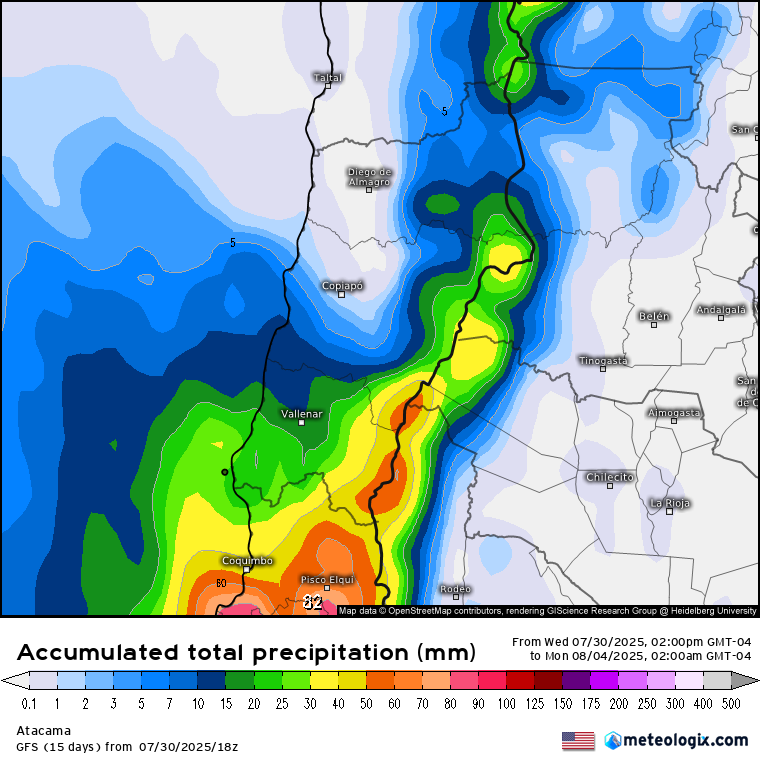 🌧 Para la Región de #Atacama, los montos pronosticados de lluvia acumulada serían los siguientes

GFS | ECMFW
Chañaral
3–5mm | 3–7mm
Diego de Almagro
5–10mm | 5–10mm
Copiapó
5–15mm | 10–20mm
Caldera
5–10mm | 10–20mm
Vallenar
20–35mm | 30–45mm
Huasco
30–50mm | 50–70 mm