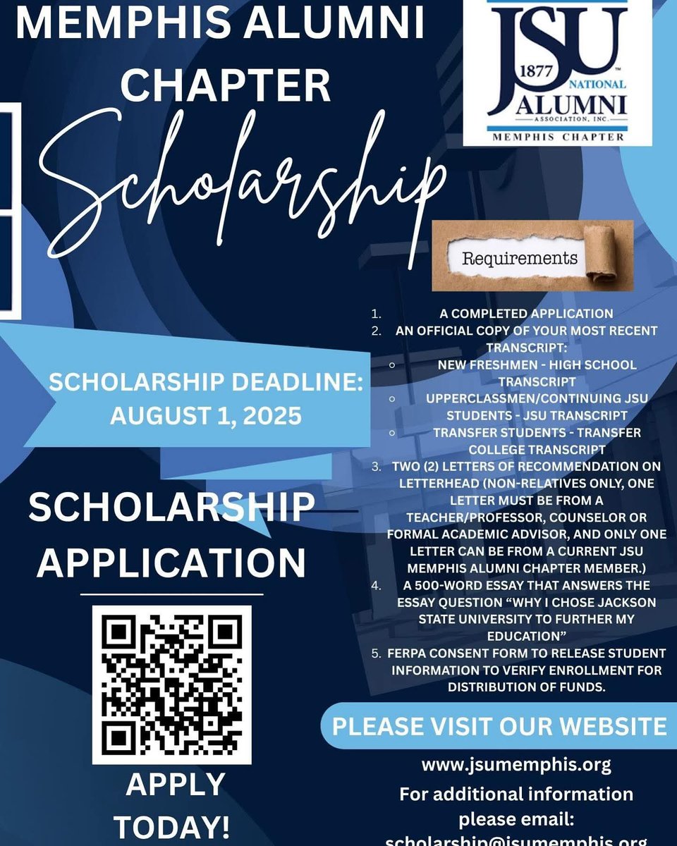jsumemphis's tweet photo. 📣 FINAL REMINDER: The JSU Memphis Alumni Chapter Scholarship deadline is almost here!
🗓️ Due: August 1, 2025
🎓 Open to freshmen, transfers & current Tigers from the 901!
Apply now at 🔗 https://t.co/jLQhxUM3TI
#JSUMemphis #TigerPride #ScholarshipAlert https://t.co/SRbefrkVCv