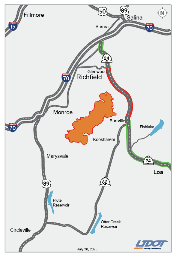 UDOT Region Four (@udotregionfour) on Twitter photo State Route 24 is closed between State Route 119 and State Route 62 near the #monroecanyonfire due to poor visibility and fire activity. For latest road closures and conditions visit udottraffic.utah.gov.
<a href="/UDOTTRAFFIC/">UDOT Traffic</a> <a href="/UtahWildfire/">Utah Fire Info</a> State Route 24 is closed between State Route 119 and State Route 62 near the #monroecanyonfire due to poor visibility and fire activity. For latest road closures and conditions visit udottraffic.utah.gov.
<a href="/UDOTTRAFFIC/">UDOT Traffic</a> <a href="/UtahWildfire/">Utah Fire Info</a>