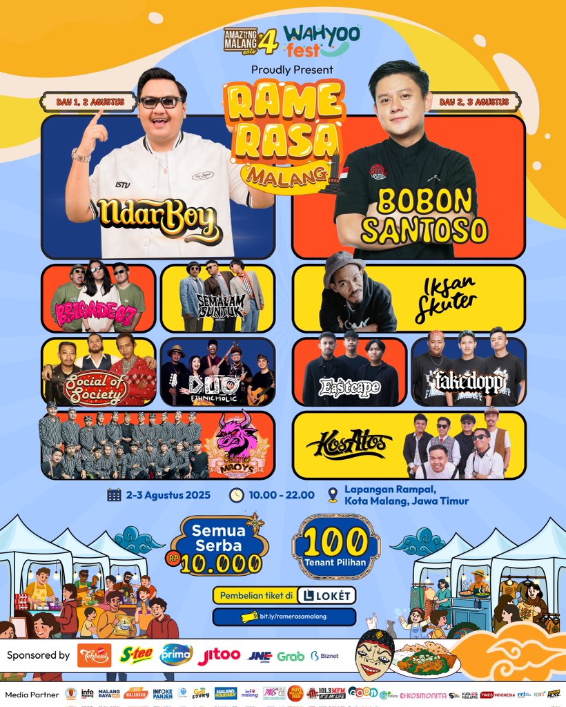 💥 *FESTIVAL RAME RASA #SERBA10RB hadir di Malang, dan siap bikin awal Agustus kamu jadi paling pecah!*💥

📍Tempat : *Lapangan Rampal, Malang*
🗓️Tanggal : *2–3 Agustus 2025*
🎟️ beli tiket : bit.ly/ramerasamalang