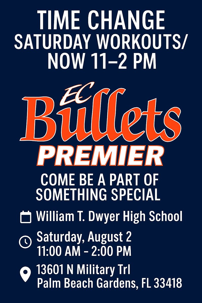 🚨 TIME CHANGE FOR SATURDAY 🚨
Workouts/Tryouts now run 11:00 AM to 2:00 PM at Dwyer HS.
Come be a part of something special with EC Bullets Premier.

🔗 Interest Form: 

docs.google.com/forms/d/e/1FAI…