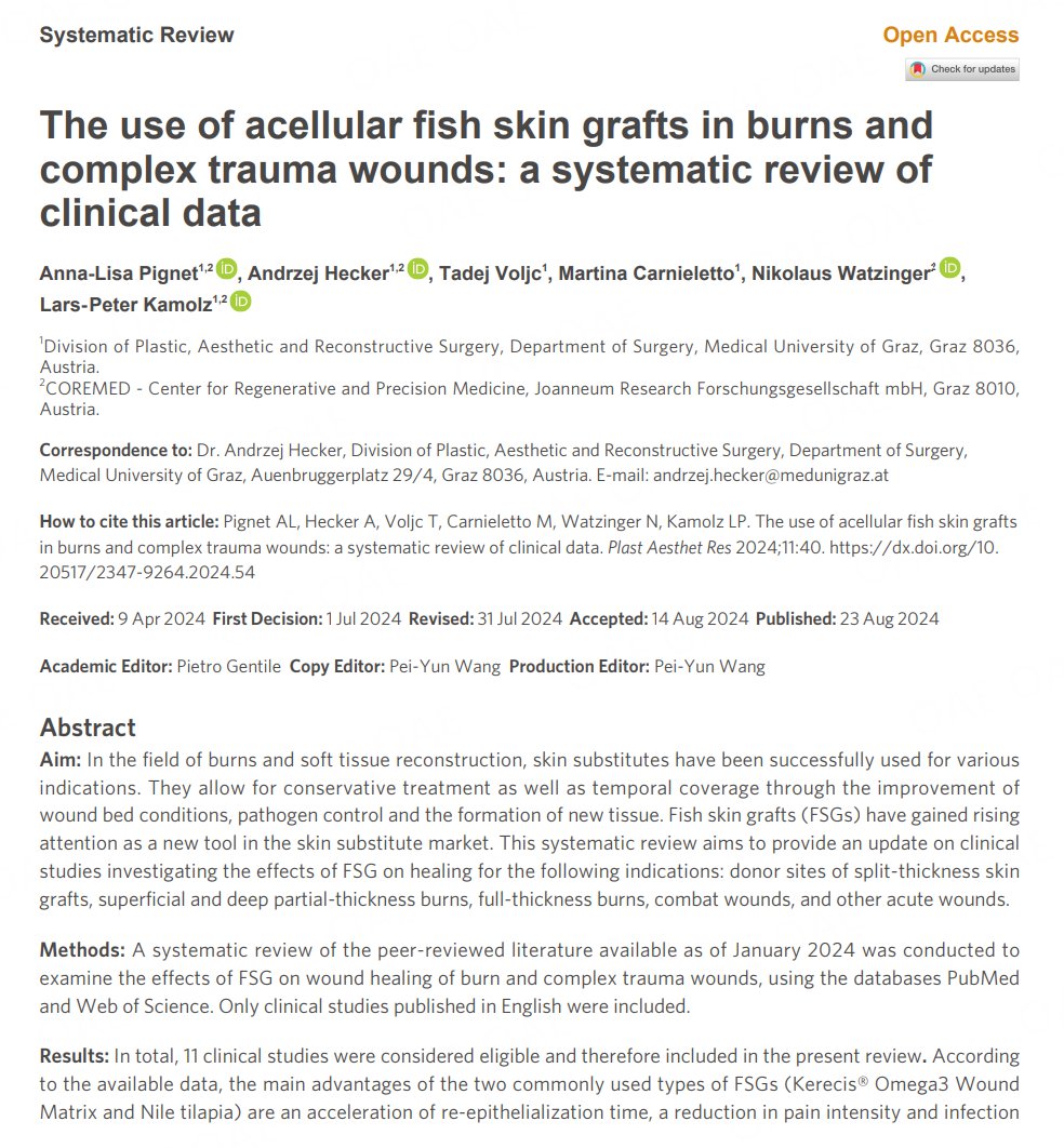 PARjournal's tweet image. 🐟 Missed this before? Now’s the time to catch up.
 📘 The use of acellular fish #skin #grafts in #burns and complex trauma wounds
This highly cited systematic review provides key clinical insights into fish skin grafts for burns, donor sites, combat...
👉oaepublish.com/articles/2347-…
