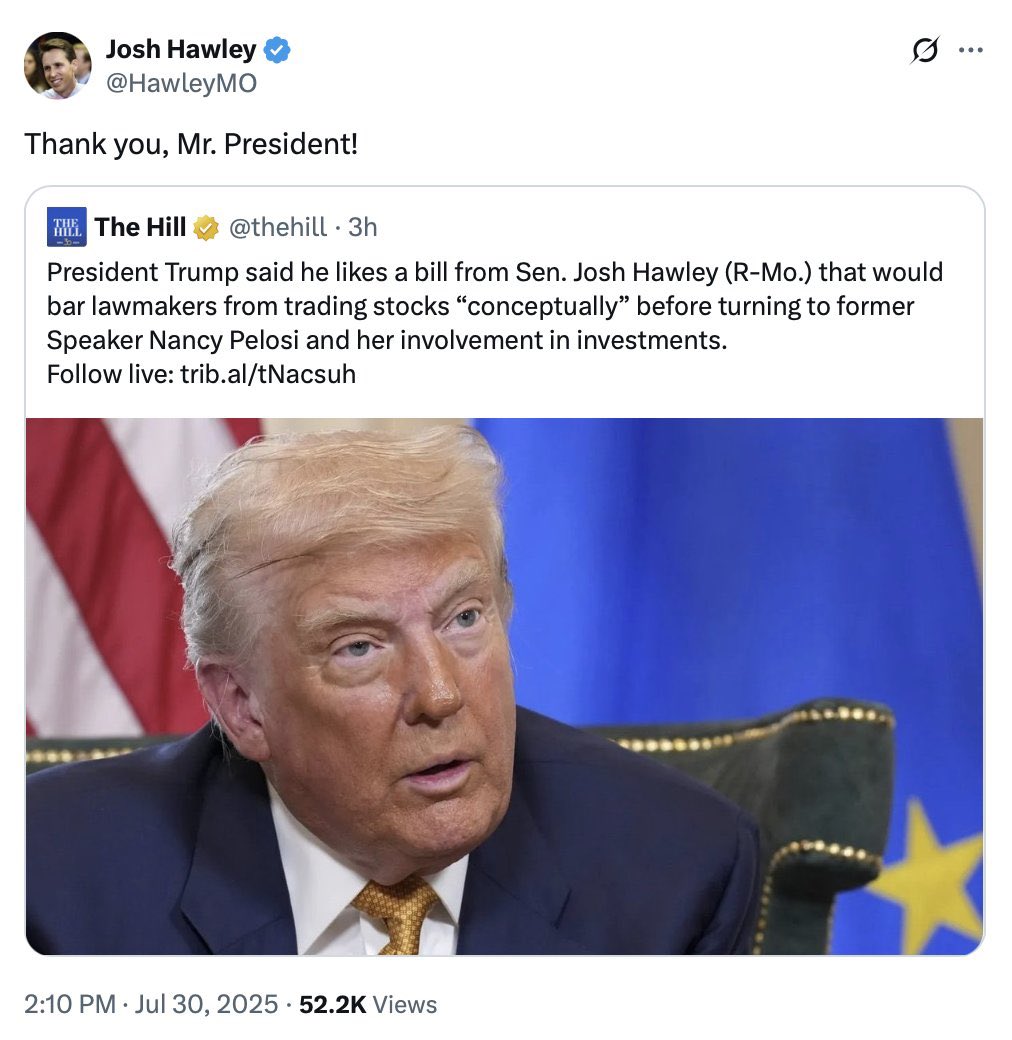 三个小时前，川普称赞共和党参议员霍利提出的禁止高层官员持股法案。三个小时后，貌似发现该法案没有像加密货币天才法案一样将总统和副总统排除在禁止范围内。然后暴怒👇