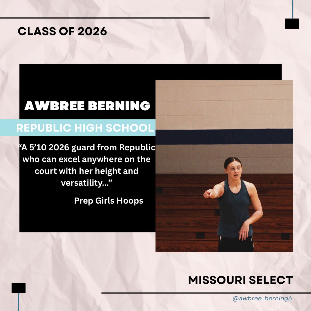 Missouri Select (@shotimesgfmo) on Twitter photo 2026 Awbree Berning is a consistent player from every spot. A leader that can facilitate, score and defend. Defend anyone really. Awbree’s consistency and leadership is going to make a huge impact at Republic this year.
<a href="/PGHMissouri/">Prep Girls Hoops Missouri</a> <a href="/RL_HoopsGirls/">RecruitLook Hoops Girls</a> <a href="/MMBR_CoachGBell/">Major Movez Basketball Review #MMBR</a> 2026 Awbree Berning is a consistent player from every spot. A leader that can facilitate, score and defend. Defend anyone really. Awbree’s consistency and leadership is going to make a huge impact at Republic this year.
<a href="/PGHMissouri/">Prep Girls Hoops Missouri</a> <a href="/RL_HoopsGirls/">RecruitLook Hoops Girls</a> <a href="/MMBR_CoachGBell/">Major Movez Basketball Review #MMBR</a>