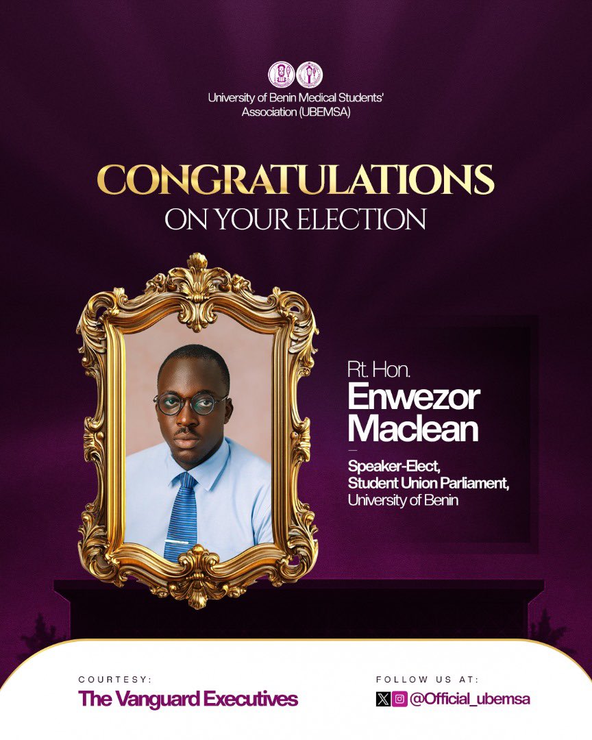 Official_UBEMSA's tweet image. For the first time in over 30 years, a student from the College of Medicine has risen to the helm of Speaker of the SUG Supreme Parliament!
UBEMSA proudly celebrates Rt. Hon. Enwezor Maclean on his election as Speaker-Elect of the Student Union Parliament, University of Benin.