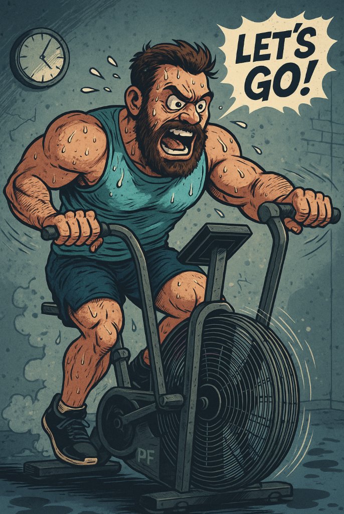 You ever met WOD Wally?
Dude hits the Echo Bike like it stole his pre-workout.
​
Clocks a 30-second all-out sprint, then gives himself 12.7 seconds of “rest” because “Fran didn’t rest, bro.”
He’s the patron saint of sweat angels and bad decisions.
And he’s everywhere.
PF
Your